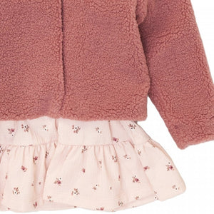 PINK GIRLS TEDDY BORG JACKET & FLORAL PRINT DRESS