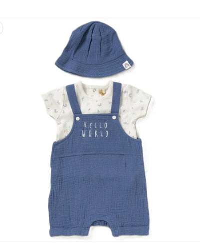 Hello world blue shortie dungaree with t shirt and hat