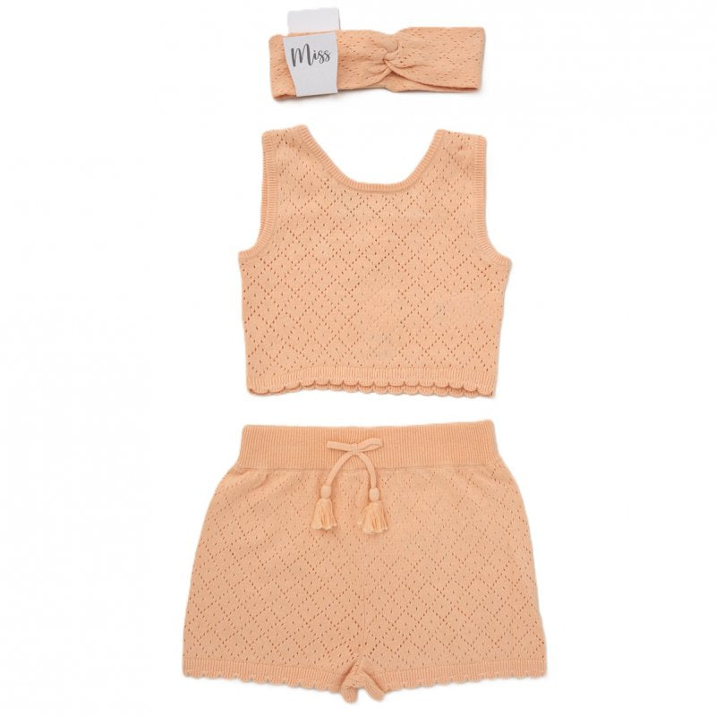 Knitted girls crop top and shorts set