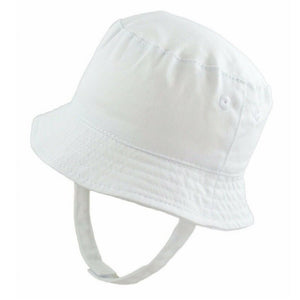 White bucket hat with chin strap