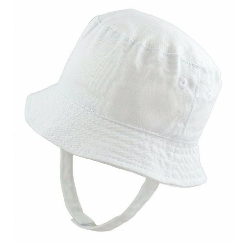 White bucket hat with chin strap