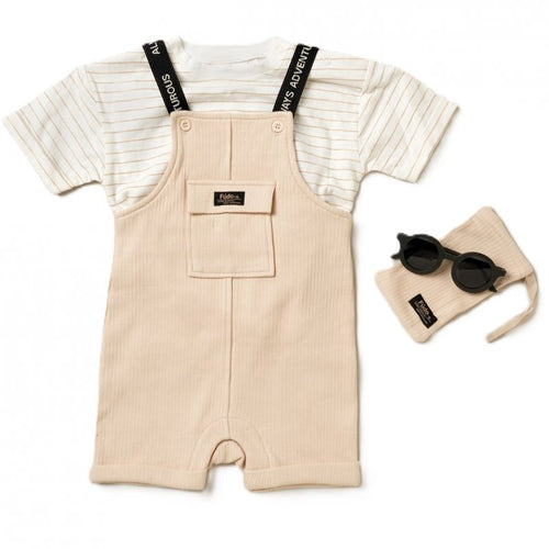 Beige adventurous ribbed dungaree and t shirt set
