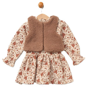 BABY GIRLS BORG GILET & FLORAL PRINT DRESS